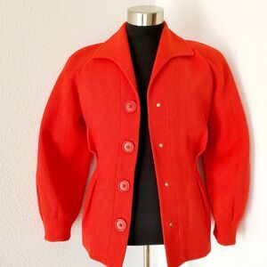 VTG Fiocchi Red Wool Cropped Jacket Womens Bubble Sleeve Coat Party Festive SZS